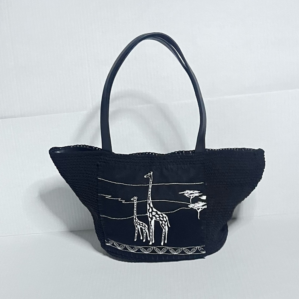 Giraffe Embroidered Patchwork Macram Tote Bag - image 1